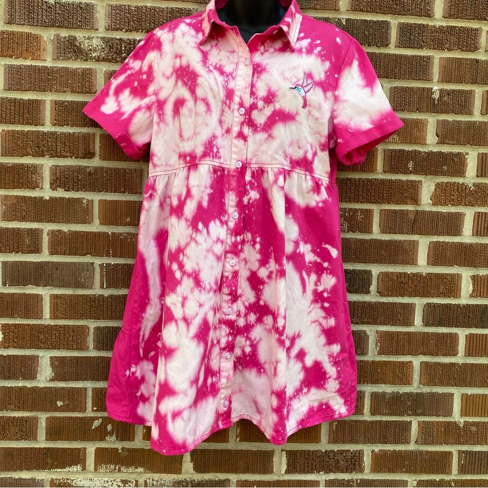 Upcycled short sleeve button down light weight denim bleach tie dye dress Sz L